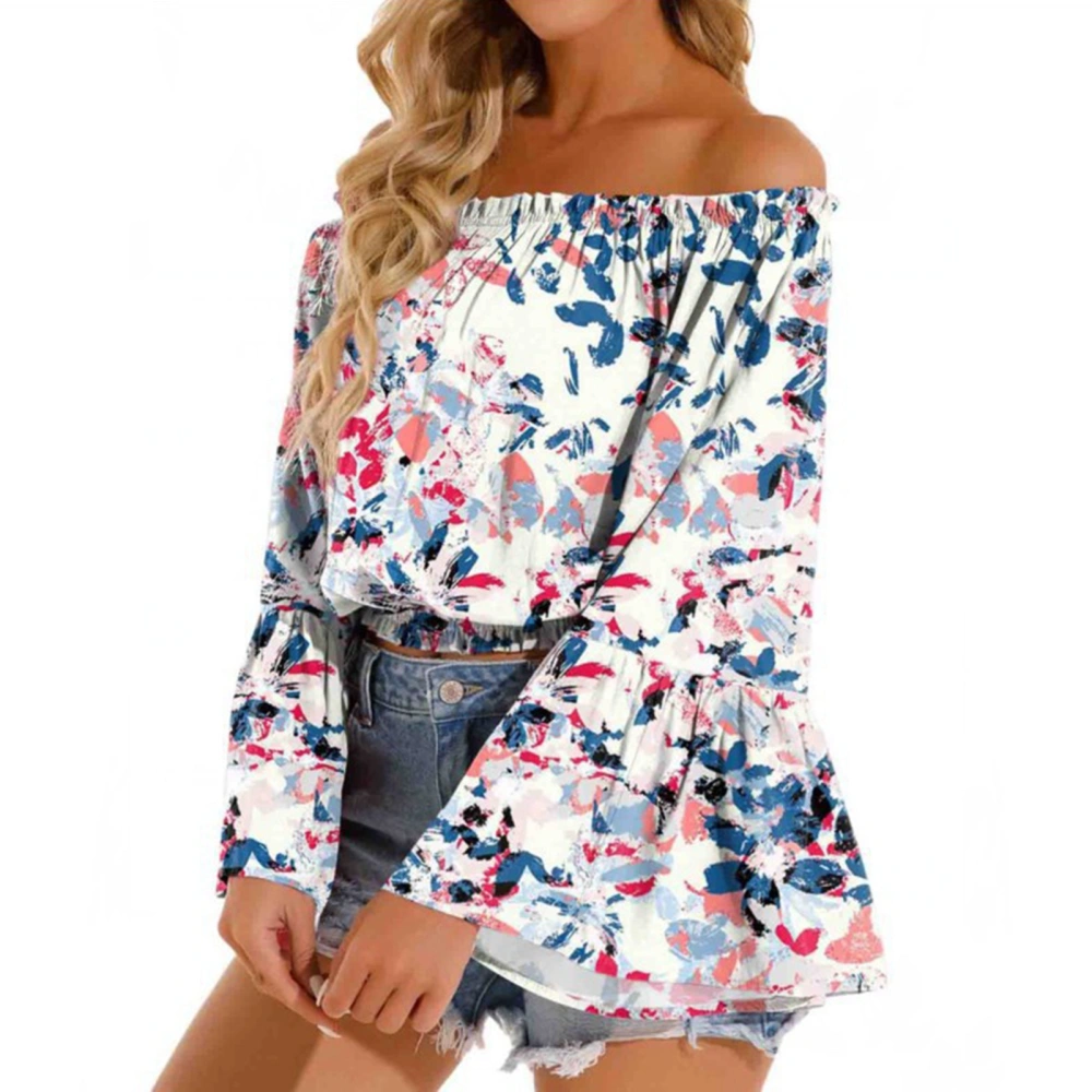 Women Off Shoulder Top Casual Flared Long Sleeve Frill Blouse Ruffle Loose Elegant Shirt White Bottom Blue Color Pattern XL