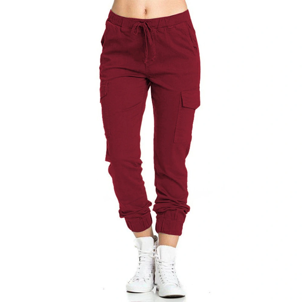 Women Casual Cargo Pants Loose Drawstring Elastic Middle Waisted Trousers with Side Pocket Burgundy XL