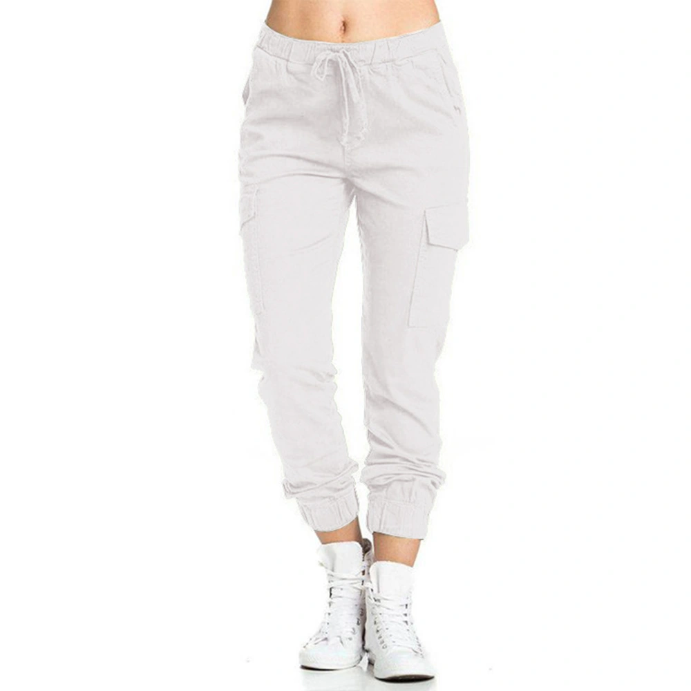 Women Casual Cargo Pants Loose Drawstring Elastic Middle Waisted Trousers with Side Pocket White XXL