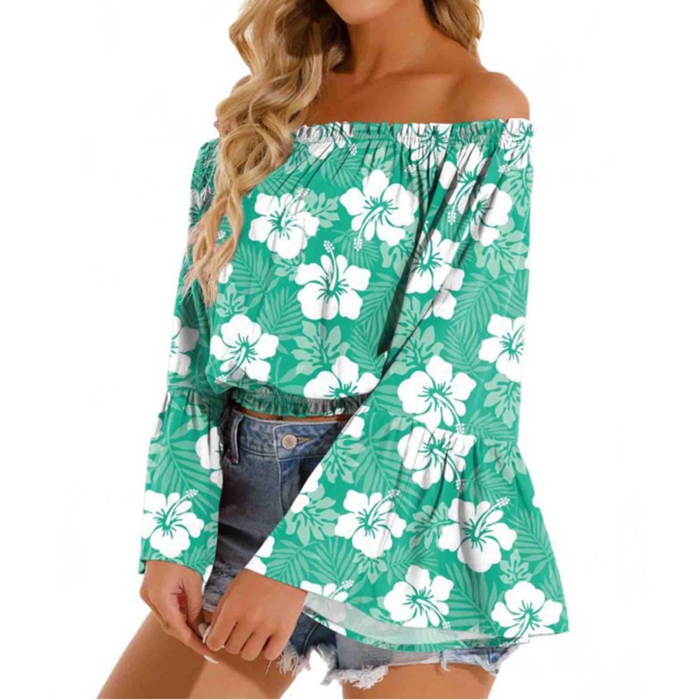 Women Off Shoulder Top Casual Flared Long Sleeve Frill Blouse Ruffle Loose Elegant Shirt Green L