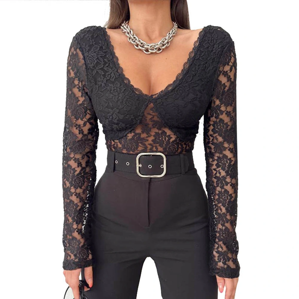 Women Lace Short Top Long Sleeve V Neck Waistless Slim Fit Breathable Women Short Top for Summer Daily Party Dating Black S