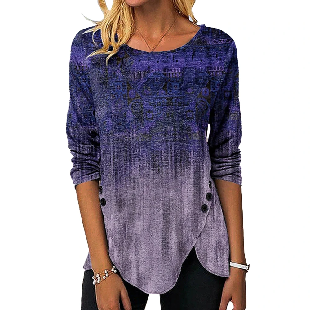 Women Long Sleeve T Shirt Buttoned Irregular Hem Crew Neck Gradient Color Casual Basic Top Purple S