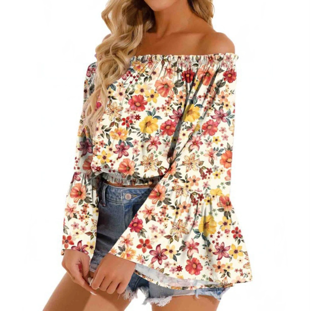 Women Off Shoulder Top Casual Flared Long Sleeve Frill Blouse Ruffle Loose Elegant Shirt Yellow Floral S