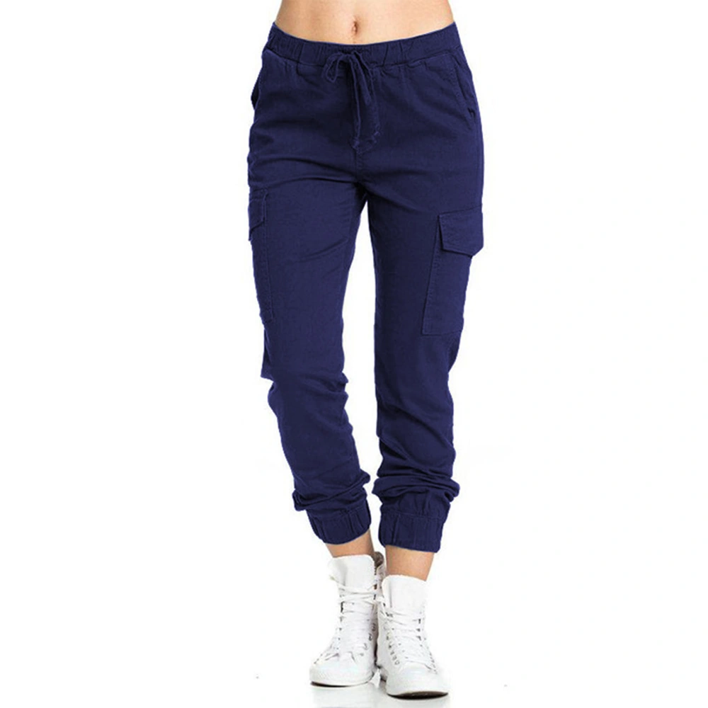 Women Casual Cargo Pants Loose Drawstring Elastic Middle Waisted Trousers with Side Pocket Dark Blue XL