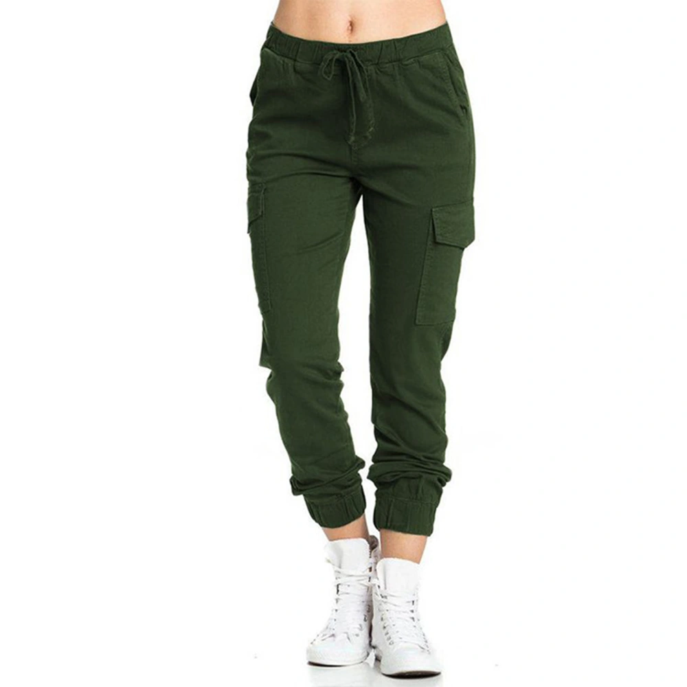 Women Casual Cargo Pants Loose Drawstring Elastic Middle Waisted Trousers with Side Pocket OD Green M