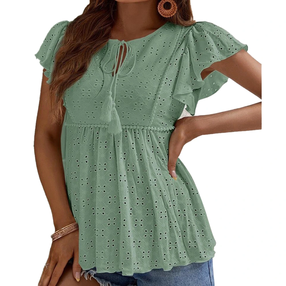 Women Ruffle Cap Sleeve Eyelet Top Tie V Neck Pure Color Dressy Summer Casual Blouse Green XXL