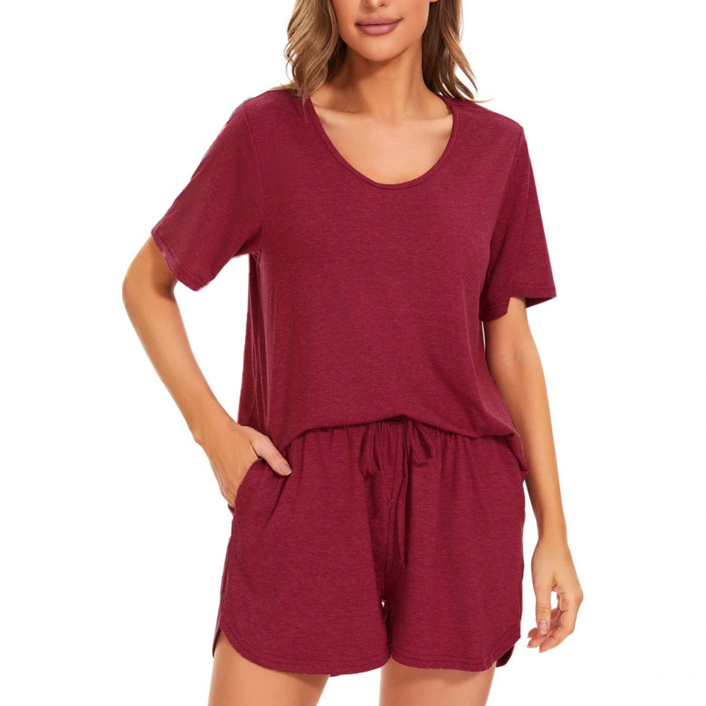 Women Summer Pajamas Short Sleeves Elastic Waist Drawstring Closure Two Piece Lounge Set Wine Red S