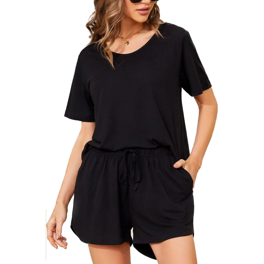 Women Summer Pajamas Short Sleeves Elastic Waist Drawstring Closure Two Piece Lounge Set Black XXL