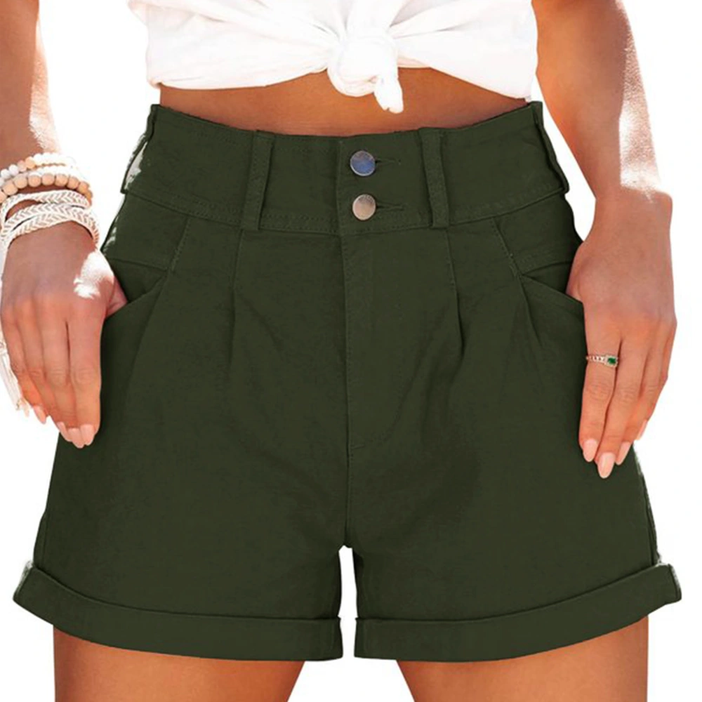 Women Summer Shorts High Waist Pleated Trim Rolled Hem Buckles Closure Casual Shorts with Side Pockets OD Green XL