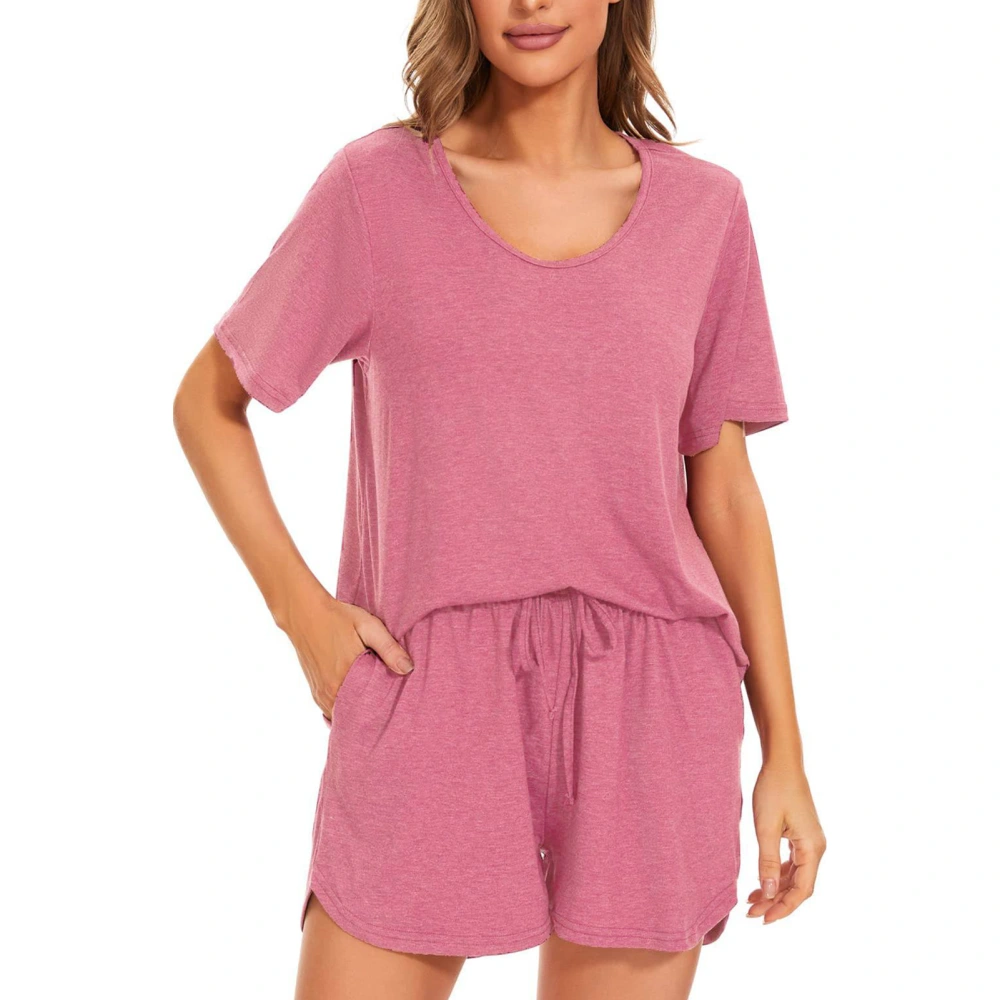 Women Summer Pajamas Short Sleeves Elastic Waist Drawstring Closure Two Piece Lounge Set Pink M