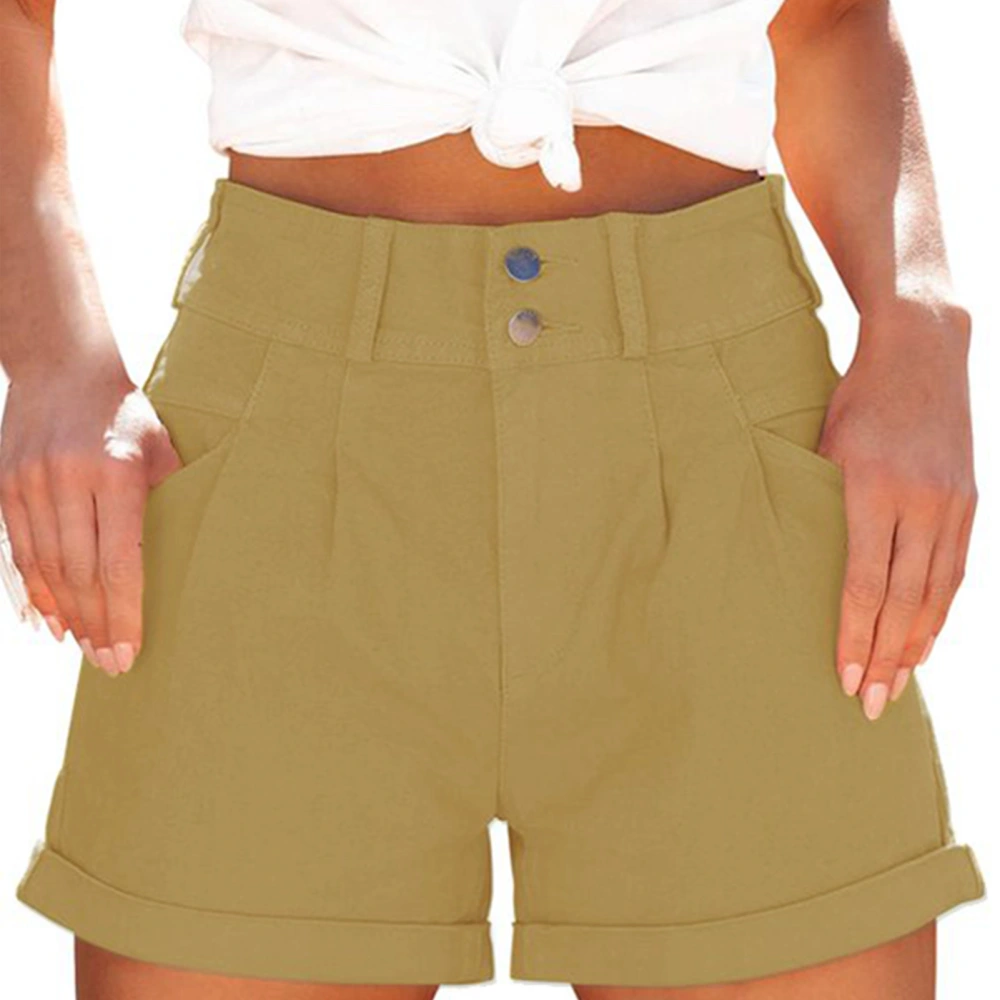 Women Summer Shorts High Waist Pleated Trim Rolled Hem Buckles Closure Casual Shorts with Side Pockets Earthy Yellow M