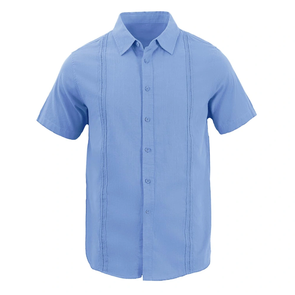 Men Short Sleeve Beach Shirt Casual Fashionable Plain Color Turn Down Collar Lace Button Up Top Blue XL