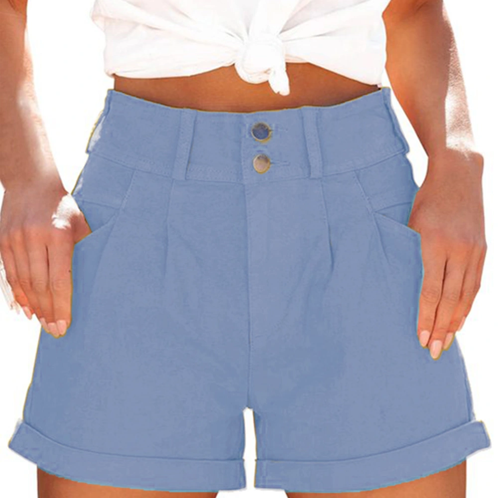 Women Summer Shorts High Waist Pleated Trim Rolled Hem Buckles Closure Casual Shorts with Side Pockets Light Blue XS