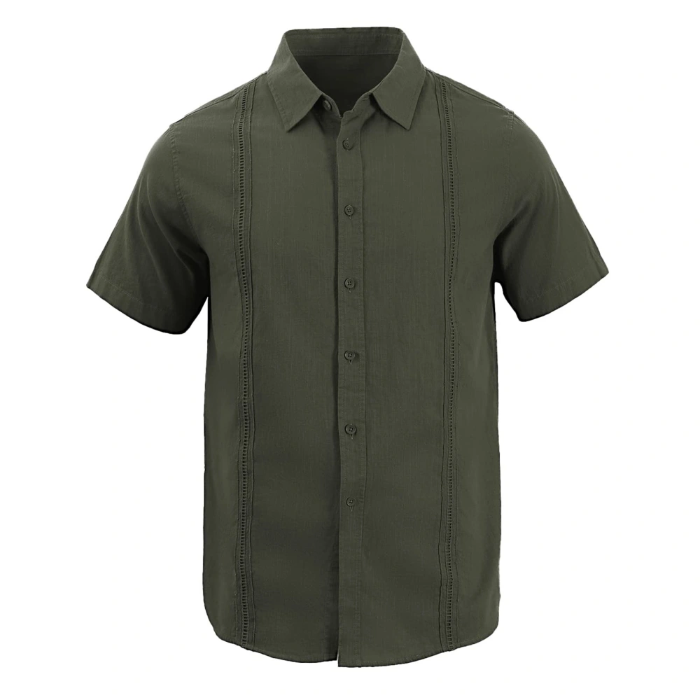 Men Short Sleeve Beach Shirt Casual Fashionable Plain Color Turn Down Collar Lace Button Up Top OD Green XXL