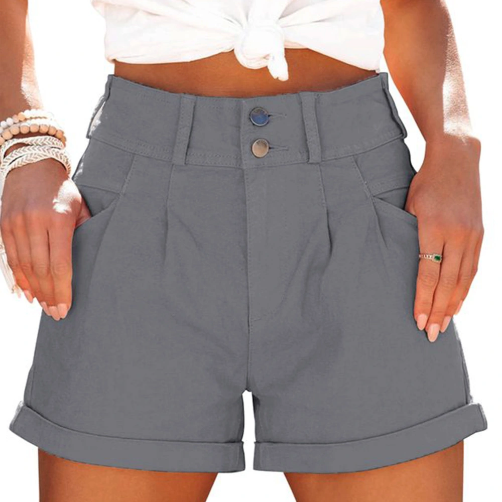 Women Summer Shorts High Waist Pleated Trim Rolled Hem Buckles Closure Casual Shorts with Side Pockets Light Gray S