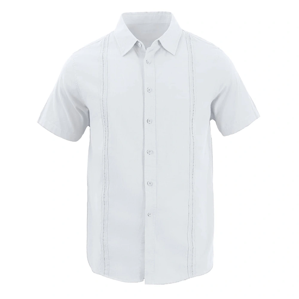 Men Short Sleeve Beach Shirt Casual Fashionable Plain Color Turn Down Collar Lace Button Up Top White L