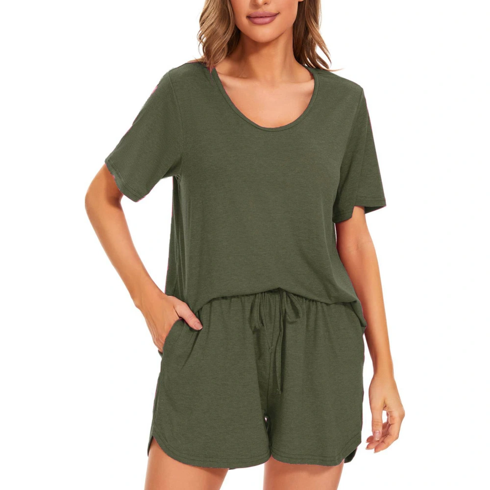 Women Summer Pajamas Short Sleeves Elastic Waist Drawstring Closure Two Piece Lounge Set OD Green L