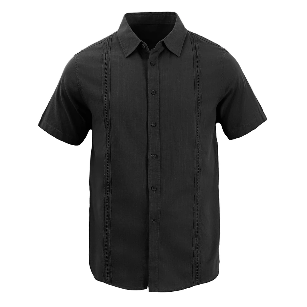 Men Short Sleeve Beach Shirt Casual Fashionable Plain Color Turn Down Collar Lace Button Up Top Black L