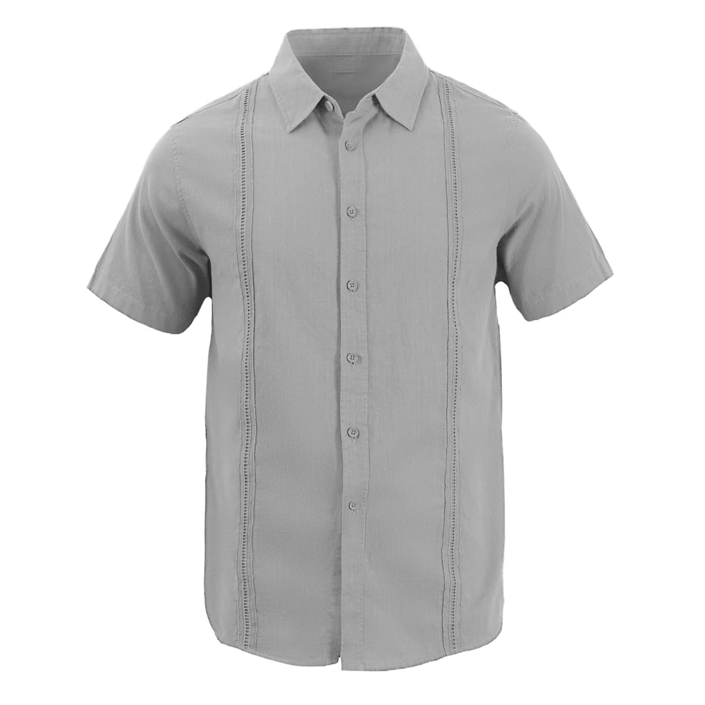 Men Short Sleeve Beach Shirt Casual Fashionable Plain Color Turn Down Collar Lace Button Up Top Grey M