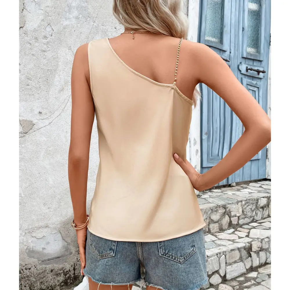 Women Sleeveless Top Chain Ruched Shoulder Strap Split Hem Casual Sleeveless Blouse for Party Shopping Khaki L