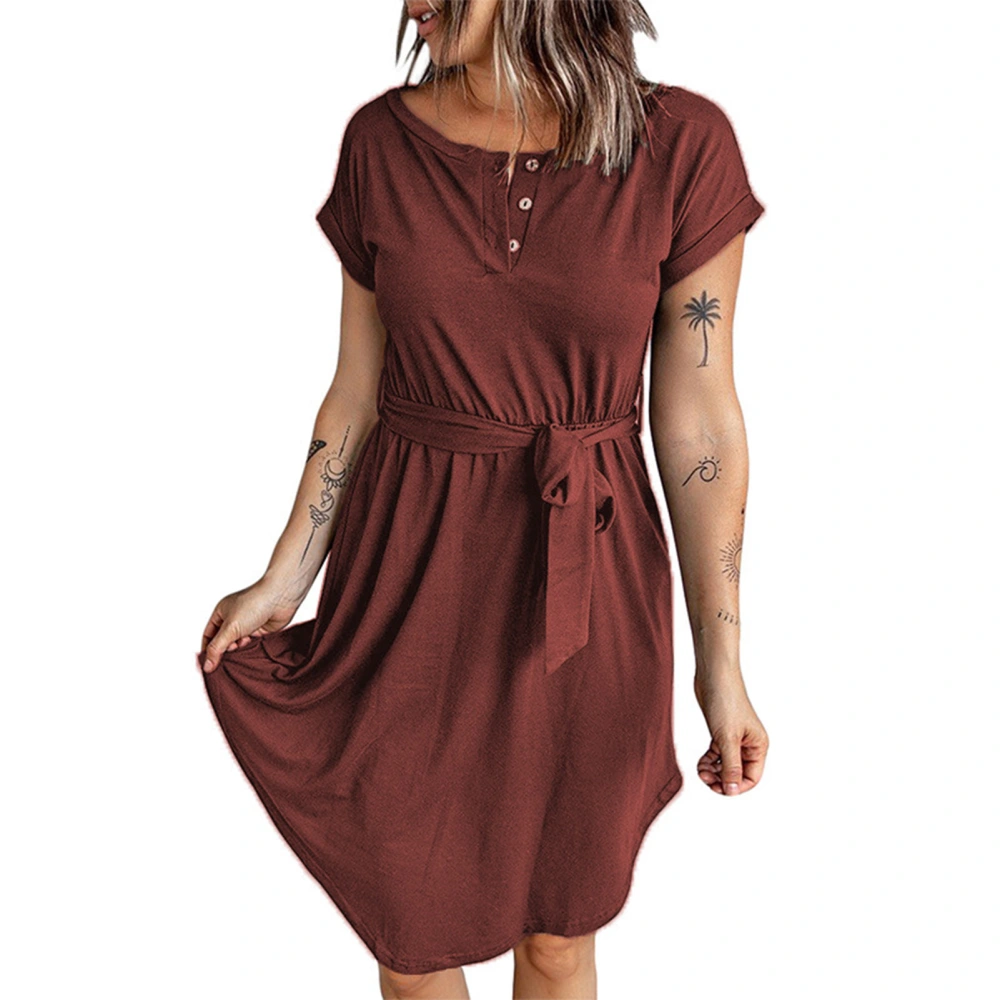 Short Sleeve Dress Fashion Casual Machine Washable Skin Friendly Breathable Women Dress for Summer Wine Red L