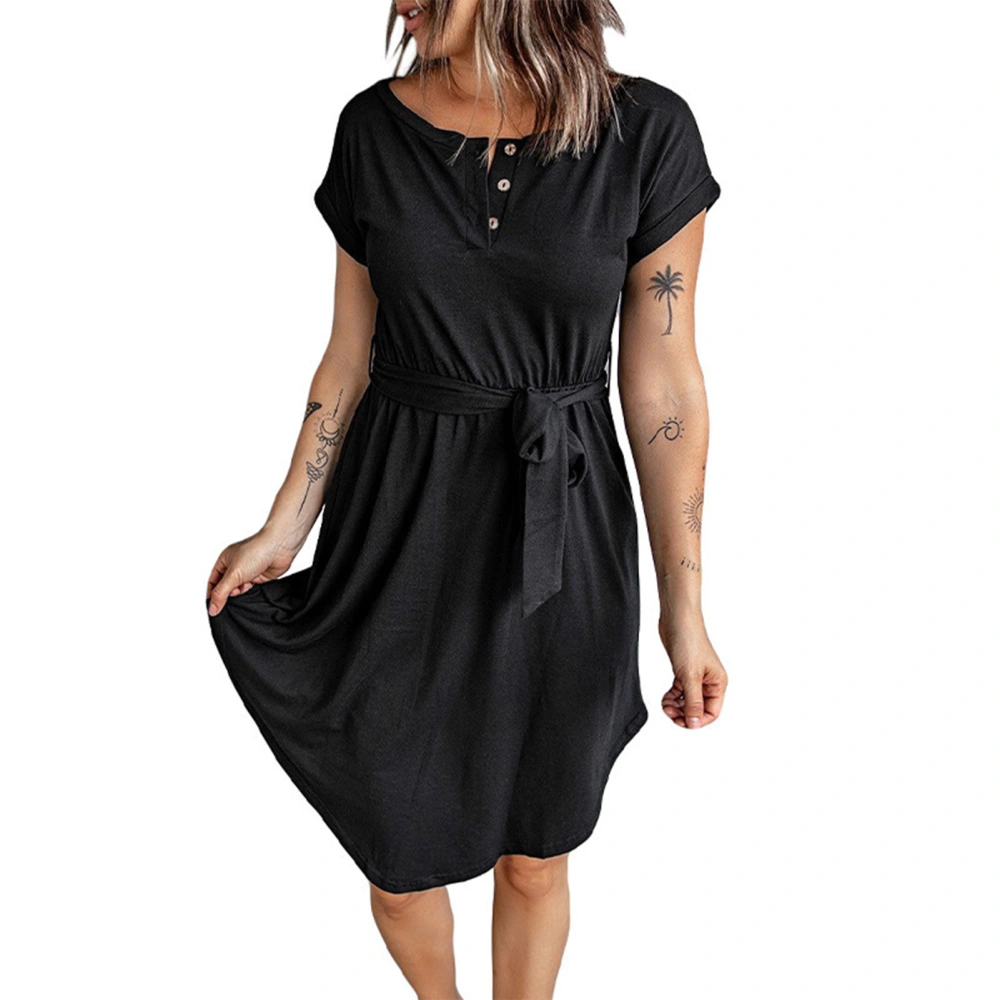 Short Sleeve Dress Fashion Casual Machine Washable Skin Friendly Breathable Women Dress for Summer Black S