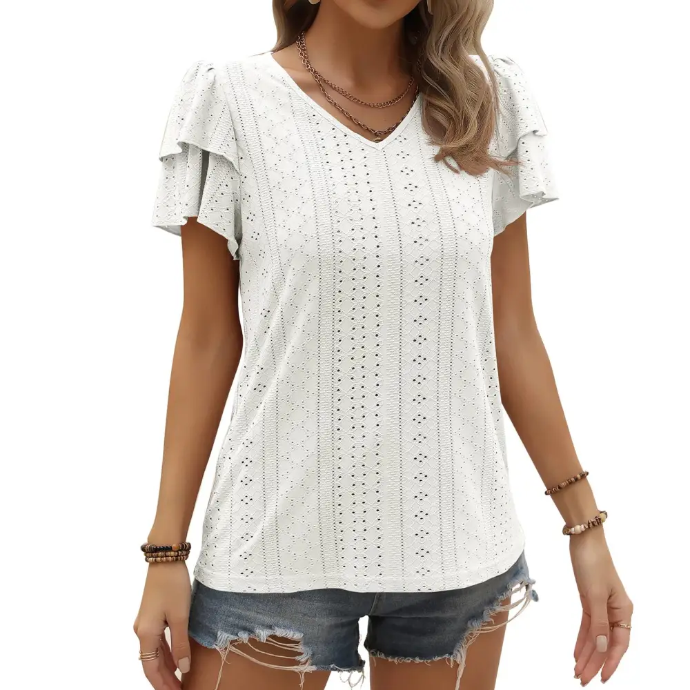 Women Casual Short Sleeve Top V Neck Double Ruffles Sleeve T Shirt Spring and Summer Fashion Blouse White S