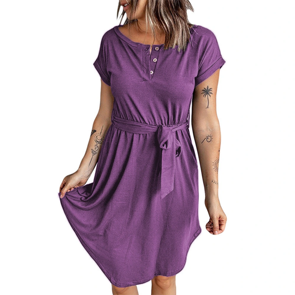 Short Sleeve Dress Fashion Casual Machine Washable Skin Friendly Breathable Women Dress for Summer Purple XXL