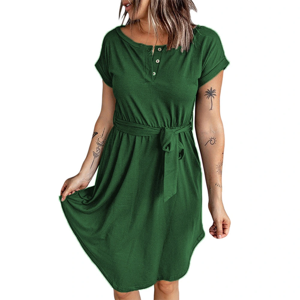 Short Sleeve Dress Fashion Casual Machine Washable Skin Friendly Breathable Women Dress for Summer Green M