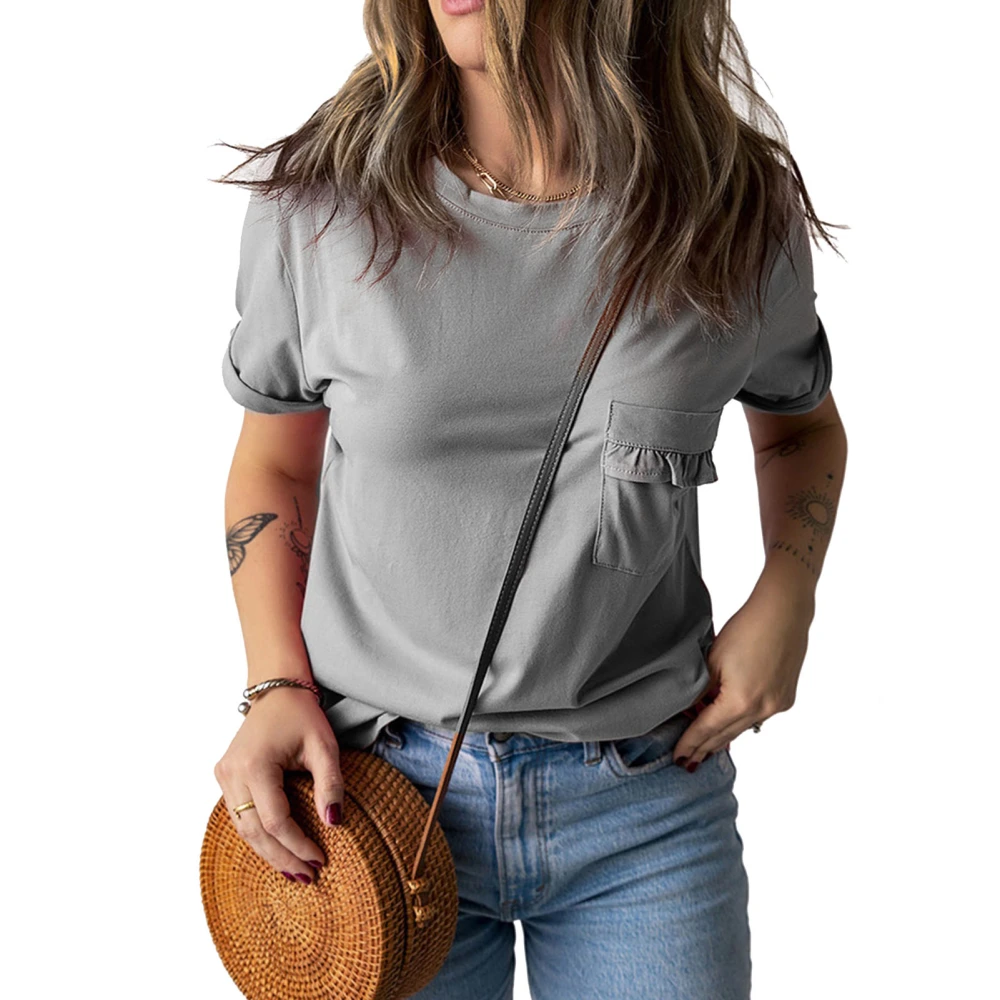 Women Short Sleeve Top Round Neck Fashionable Casual Lady Summer Shirt with Lace Pocket for Daily Grey S