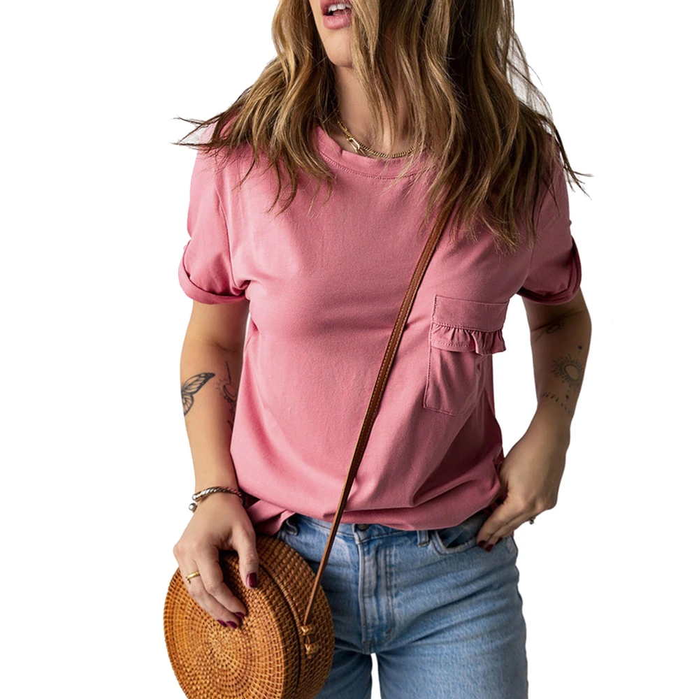 Women Short Sleeve Top Round Neck Fashionable Casual Lady Summer Shirt with Lace Pocket for Daily Pink L