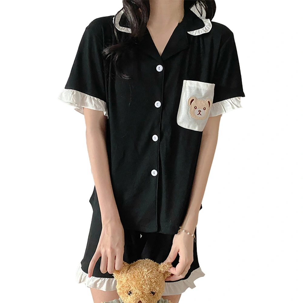 Women Short Sleeves Pajamas Set Turn Down Collar Ruffle Trim Two Piece Top Shorts Sleepwear Black XL