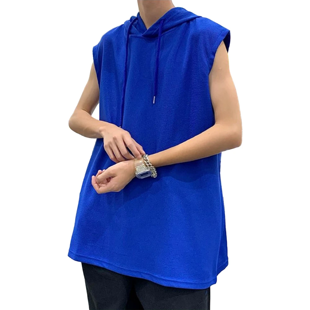 Hooded Tank Top Summer Loose Sleeveless Sports Drawstring Men Tank Top for Male Women Blue L