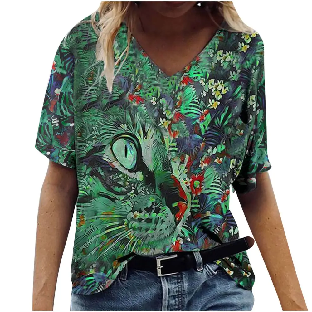 Women V Neck Top Short Sleeve Shirt Printed Loose Casual Shirt Summer Fashionbale Top Green L