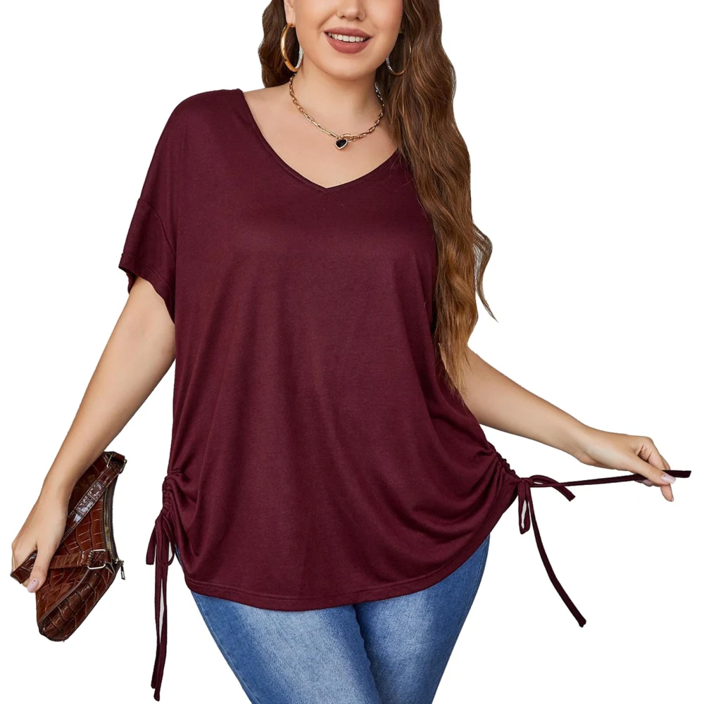 Women Short Sleeve Oversized T Shirt Loose Casual Plain Color Drop Shoulder Drawstring Side V Neck Top Blouse Burgundy 2XL