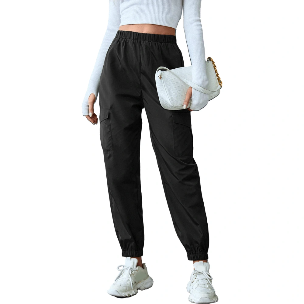 Womens Joggers Ankle Cuff Cargo Pocket Elastic Pure Color High Waist Women Sweatpants for Party Sports Office Black M