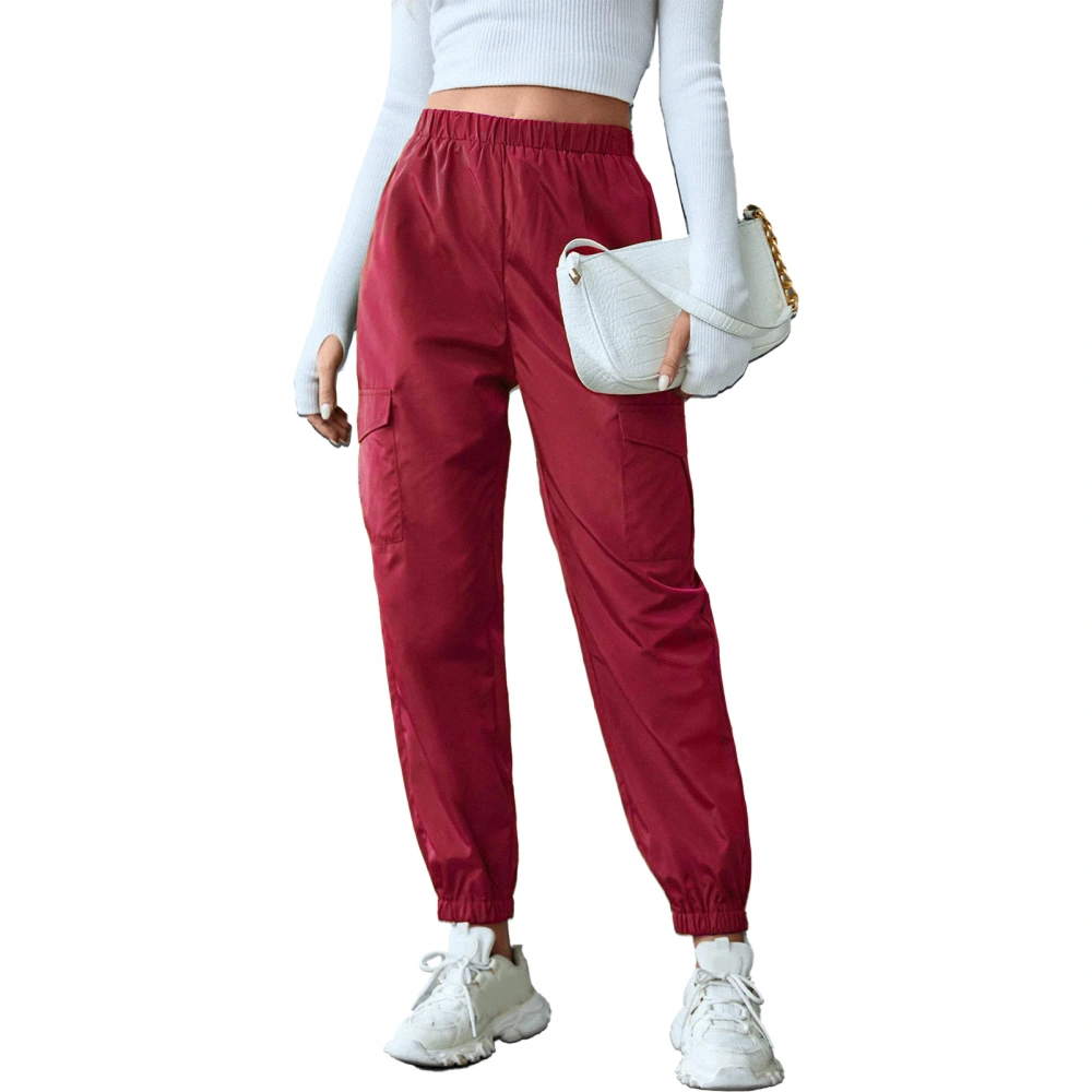 Womens Joggers Ankle Cuff Cargo Pocket Elastic Pure Color High Waist Women Sweatpants for Party Sports Office Wine Red XL