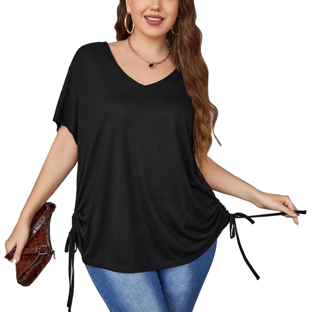 Women Short Sleeve Oversized T Shirt Loose Casual Plain Color Drop Shoulder Drawstring Side V Neck Top Blouse Black 2XL