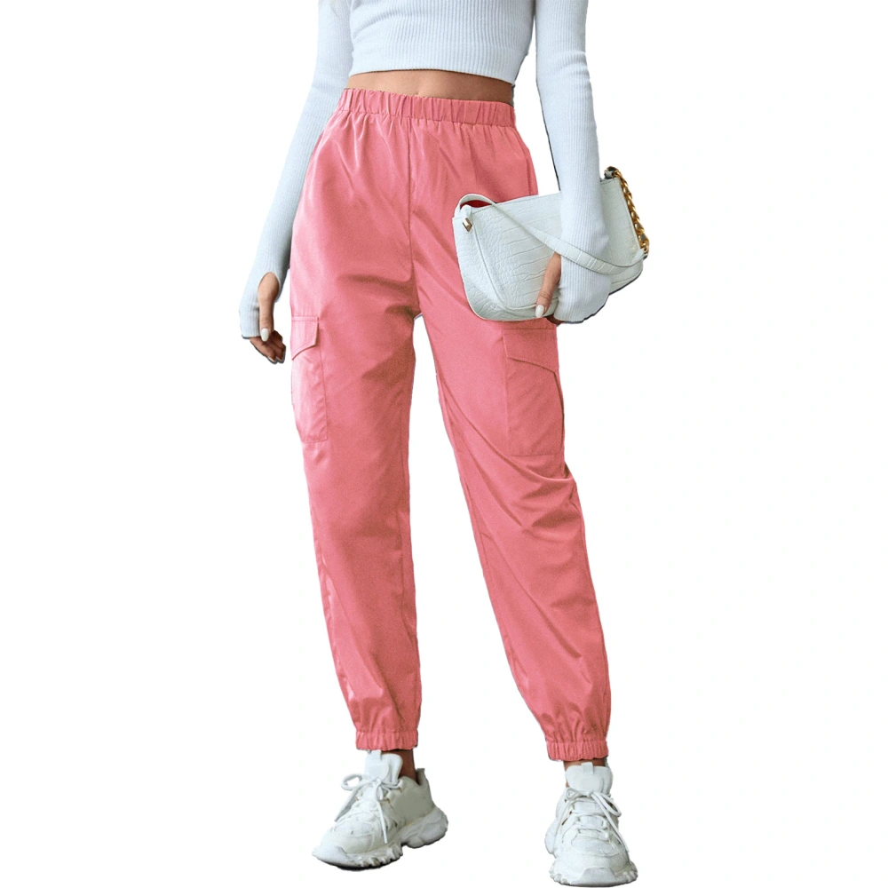 Womens Joggers Ankle Cuff Cargo Pocket Elastic Pure Color High Waist Women Sweatpants for Party Sports Office Pink M