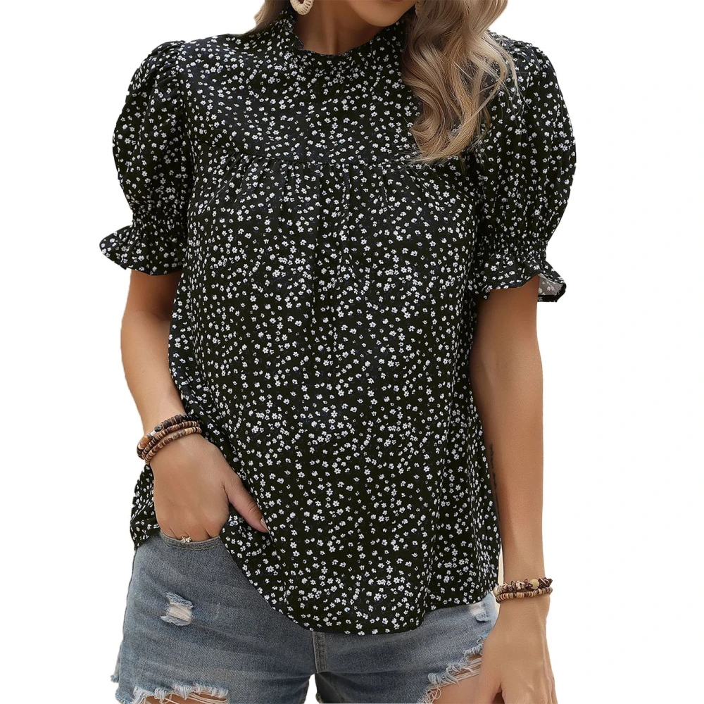 Women Puff Sleeve Top Frill Trim Stand Collar Shirt Keyhole Back Floral Print Top Summer Casual Shirt Black M