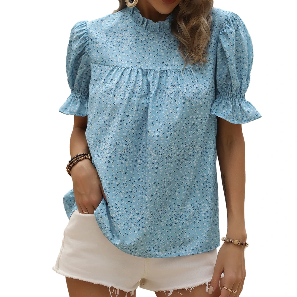 Women Puff Sleeve Top Frill Trim Stand Collar Shirt Keyhole Back Floral Print Top Summer Casual Shirt Blue XL