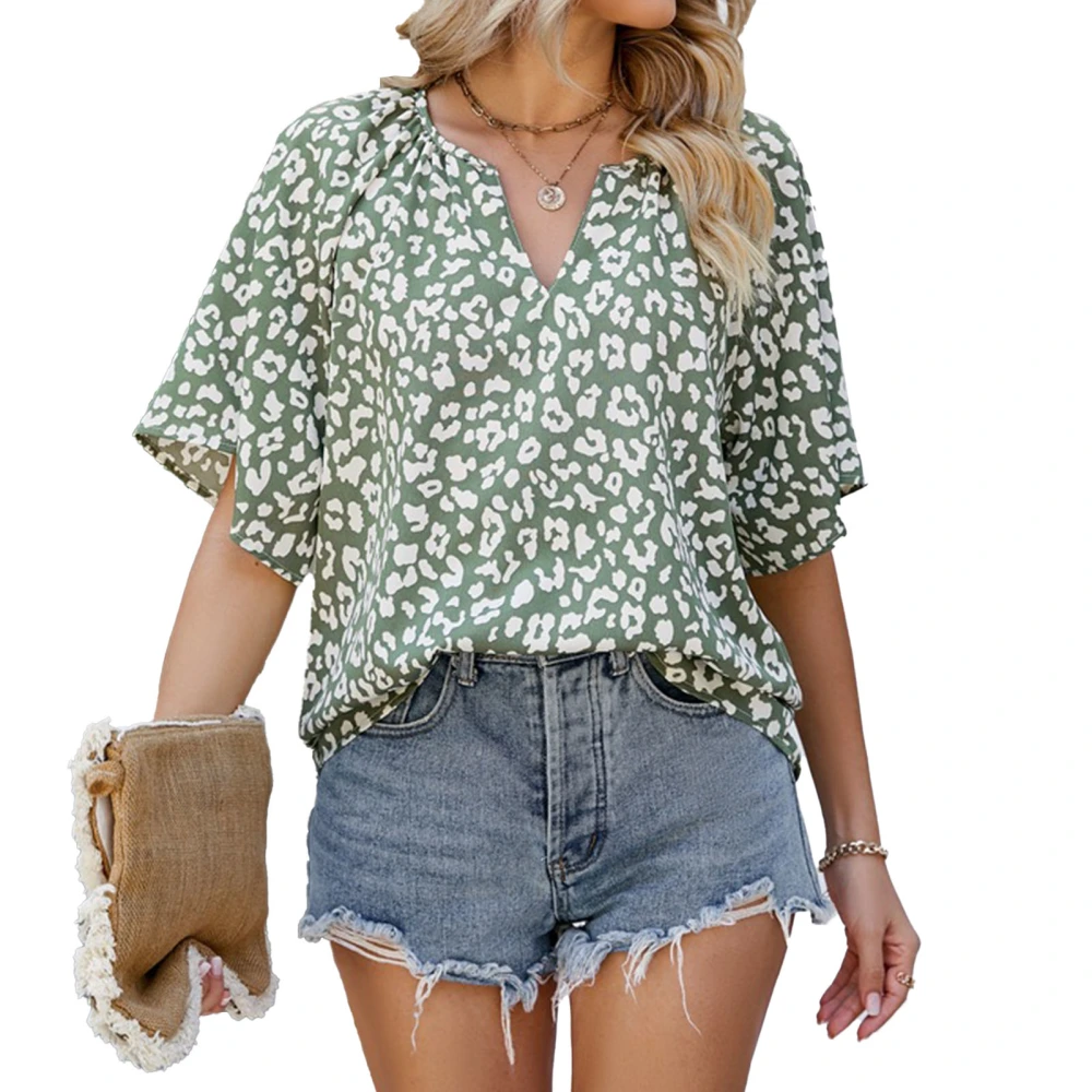 Women Summer Top Casual Loose Leopard Print V Neck Short Bell Sleeve T Shirt for Female OD Green XXL