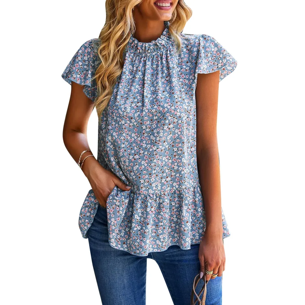 Floral Ruffle Sleeve Blouse Printed Pleated Round Neck Short Sleeved Blouse for Women Lady Summer Light Blue M