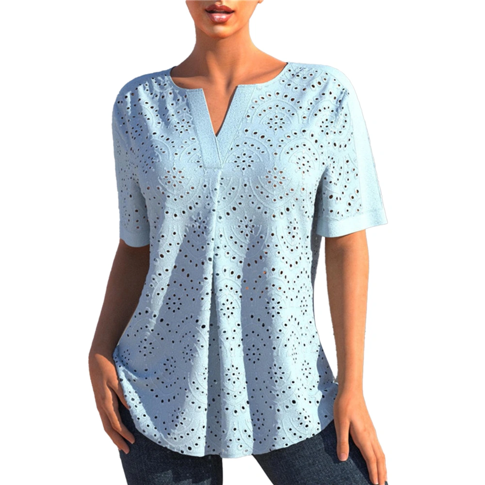 Women Summer Top Casual Short Sleeve Pure Color Eyelet Pleated V Neck T Shirt for Female Light Blue XL