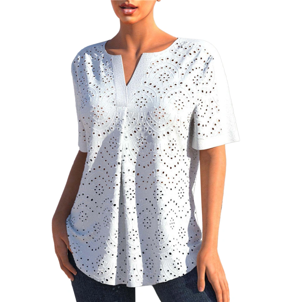 Women Summer Top Casual Short Sleeve Pure Color Eyelet Pleated V Neck T Shirt for Female White M