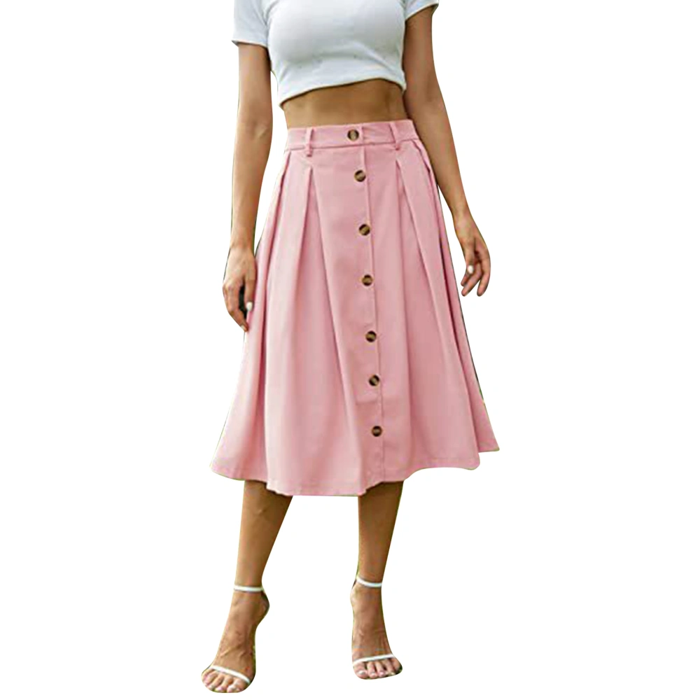 Midi Skirts A Line Pleated Botton Down Skirt Elastic Waist Casual Breathable Skirt for Women Pink L