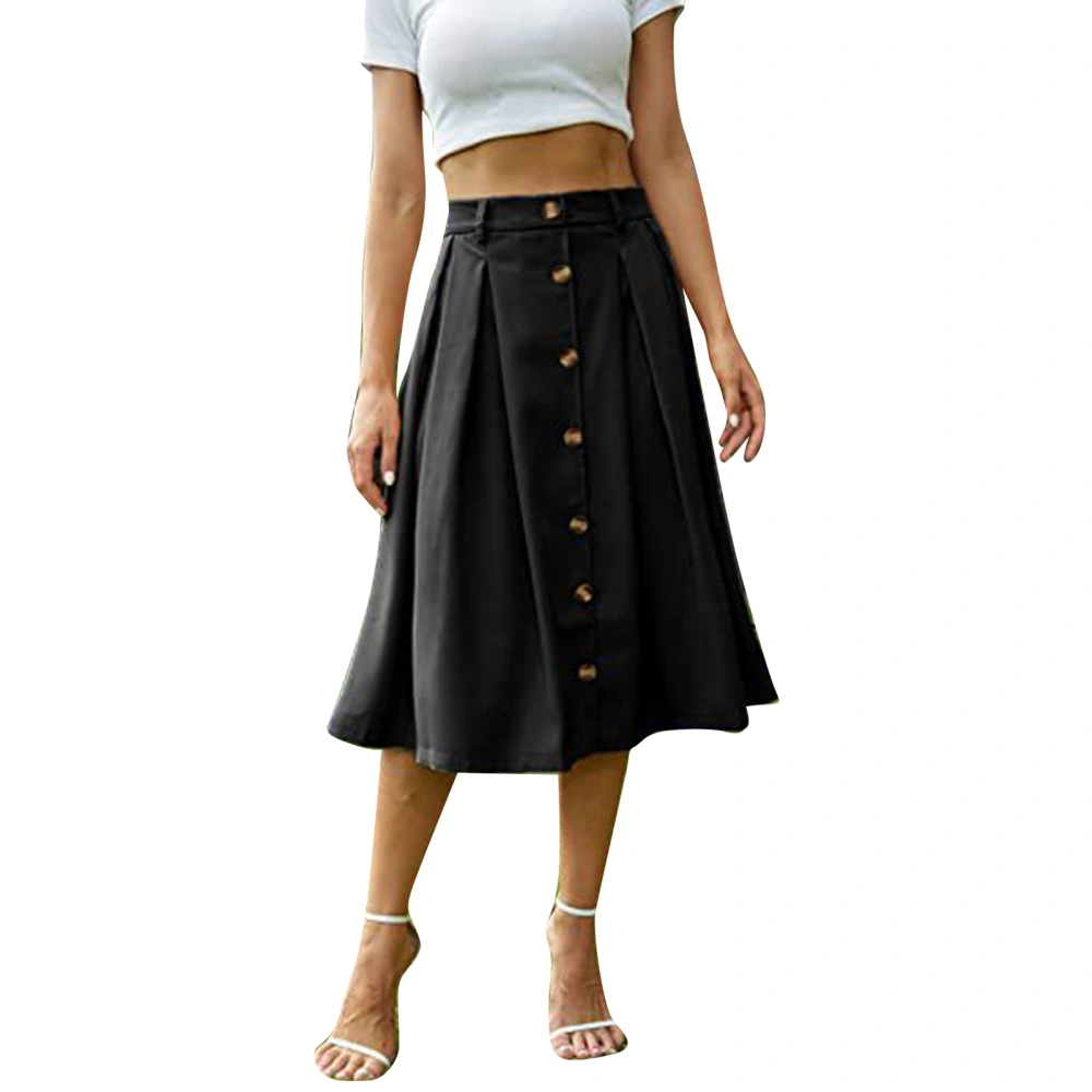 Midi Skirts A Line Pleated Botton Down Skirt Elastic Waist Casual Breathable Skirt for Women Black S