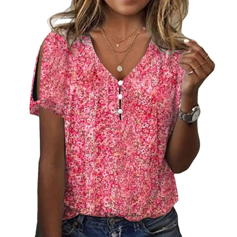 Women Summer Top Cold Shoulder Short Sleeve Floral Print V Neck Button T Shirt for Female Red L