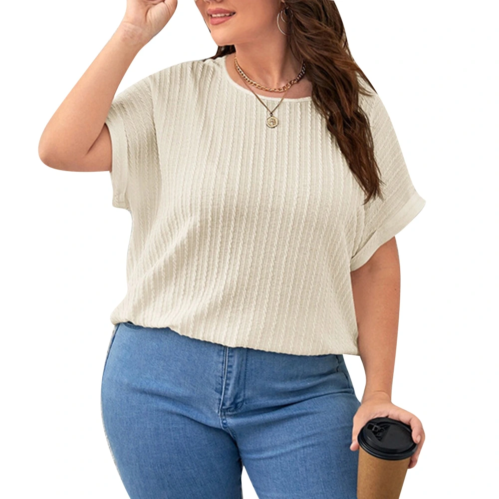 Women Summer Top Plus Size Loose Round Neck Short Rolled Sleeve Ribbed Top for Female Apricot XL