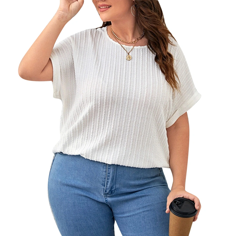 Women Summer Top Plus Size Loose Round Neck Short Rolled Sleeve Ribbed Top for Female White XXL